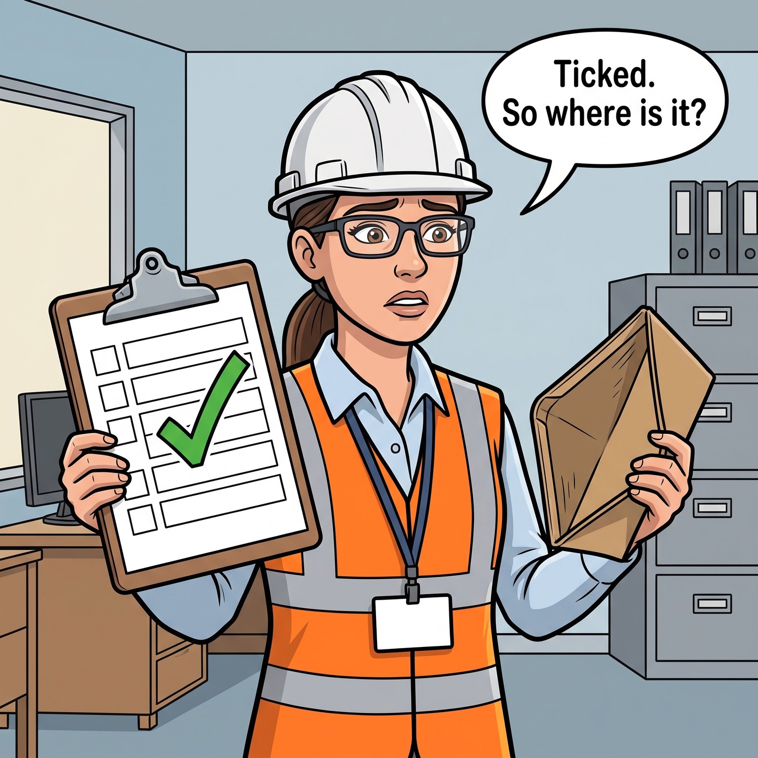Cartoon of a health and safety manager in a site office holding a checklist with a big green tick in one hand and an empty document wallet in the other. Speech bubble: Ticked. So where is it?