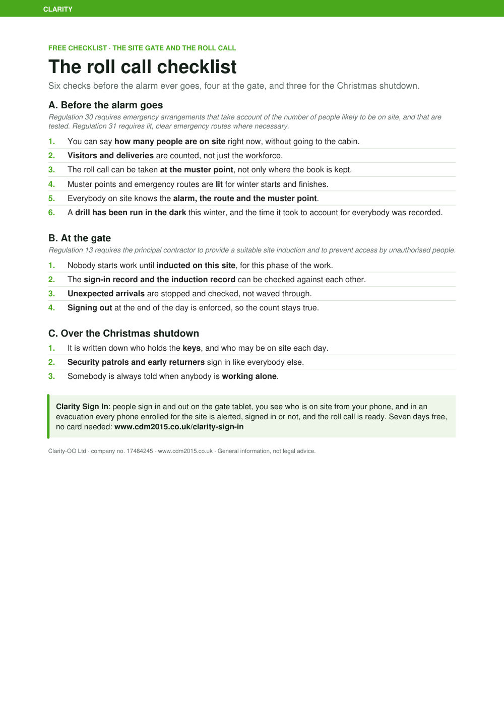 Preview of the free roll call checklist (one A4 page)