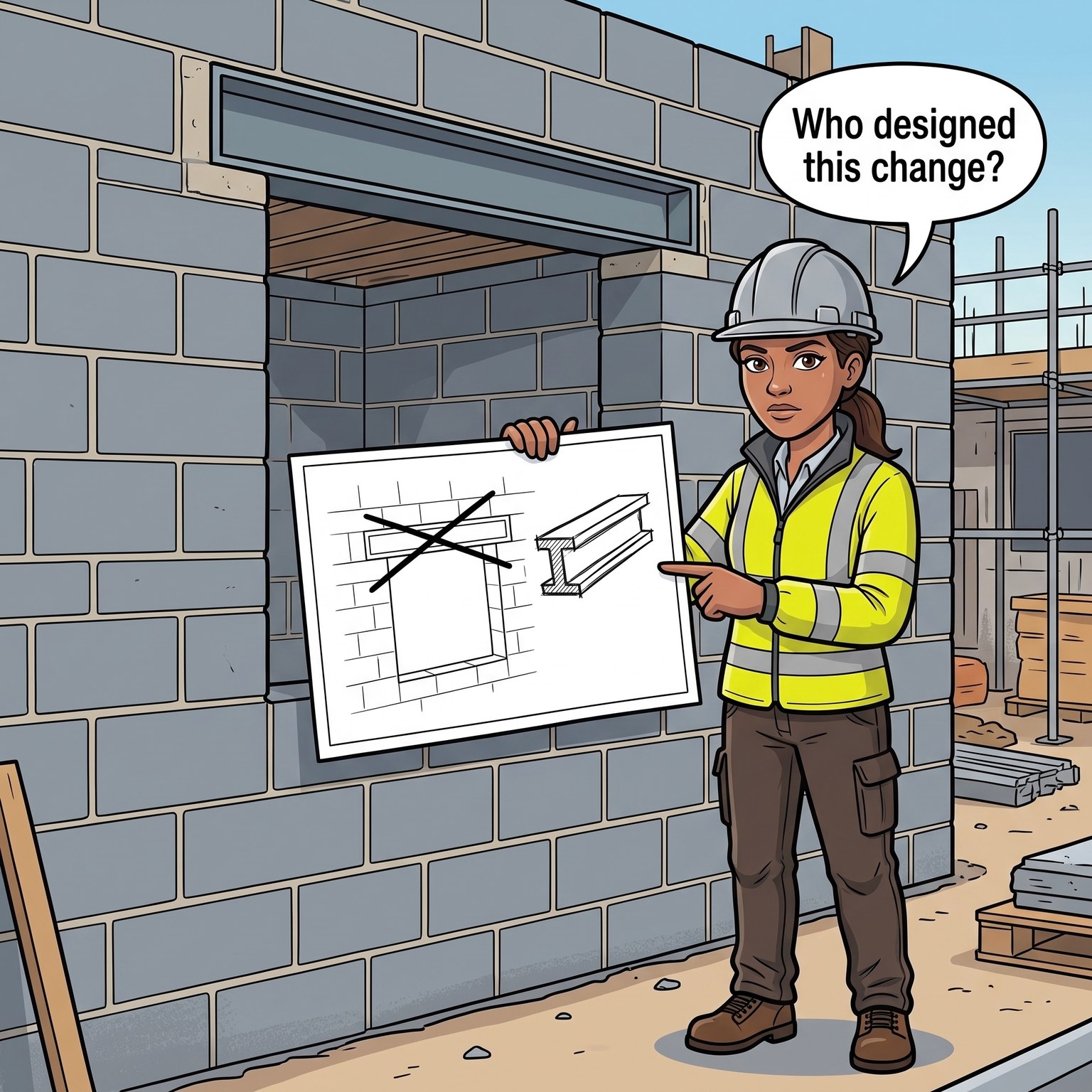 Cartoon of a CDM inspector in a yellow hi-vis jacket beside a new blockwork wall, holding a drawing with the original lintel crossed out and a steel beam sketched in. Speech bubble: Who designed this change?