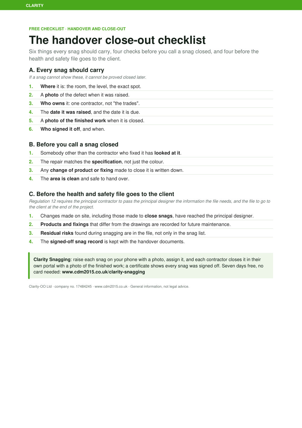 Preview of the free handover close-out checklist (one A4 page)