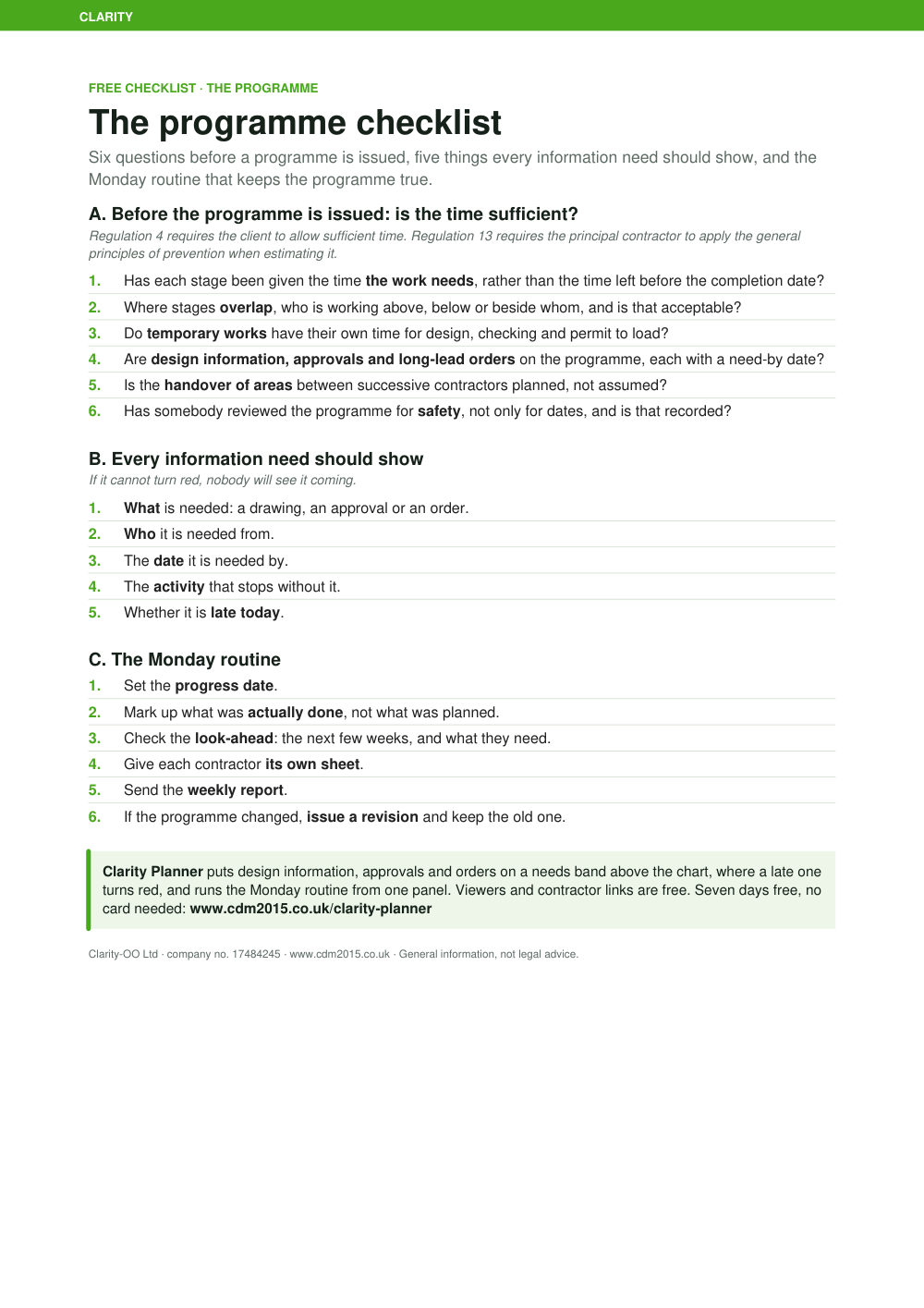 Preview of the free programme checklist (one A4 page)