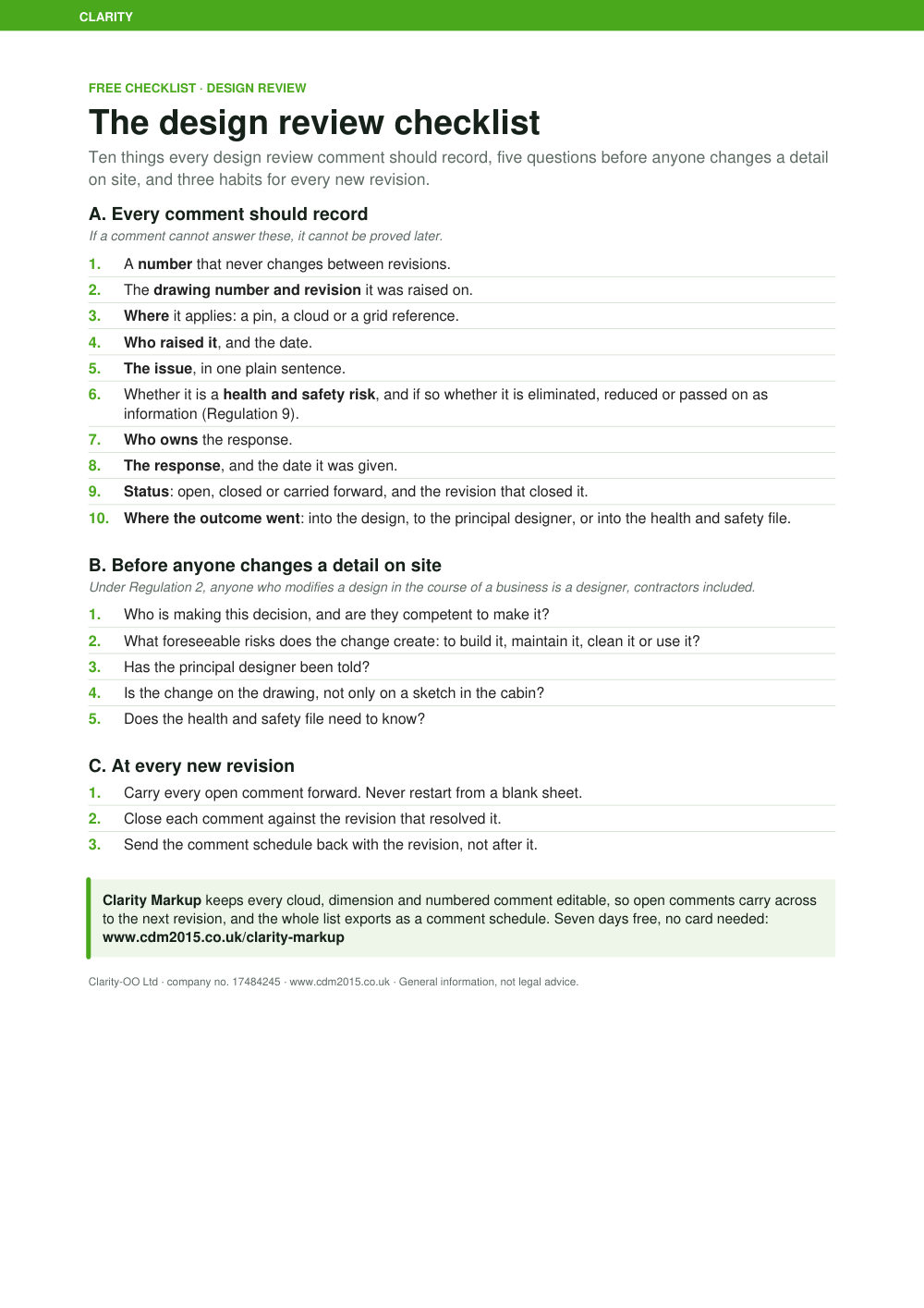 Preview of the free design review checklist (one A4 page)