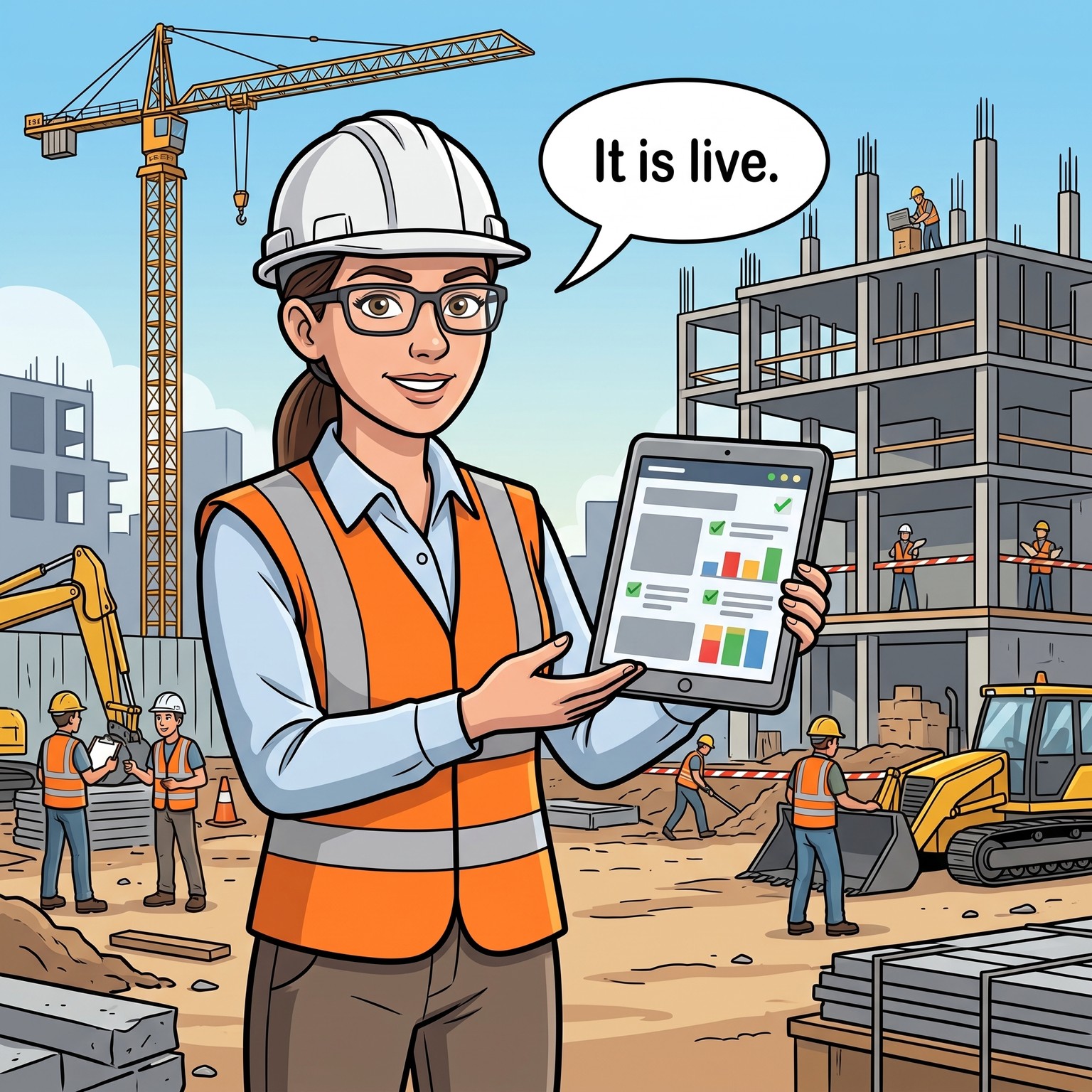 Cartoon of a health and safety manager in a white hard hat and orange hi-vis vest on a busy construction site, holding up a tablet showing a compliance dashboard. Speech bubble: It is live.