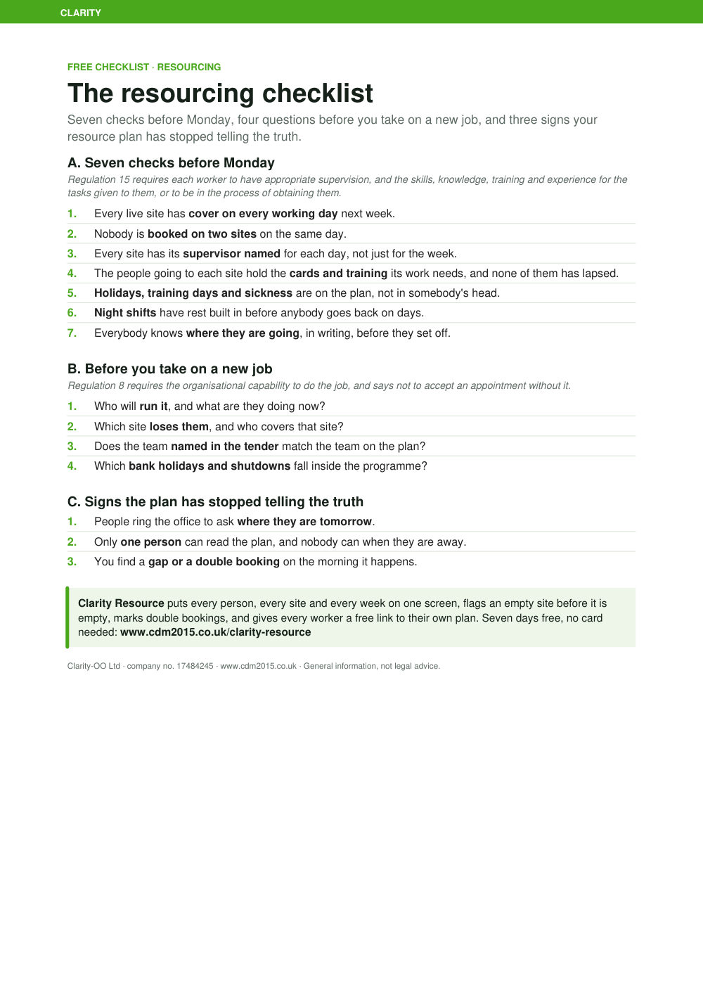 Preview of the free resourcing checklist (one A4 page)