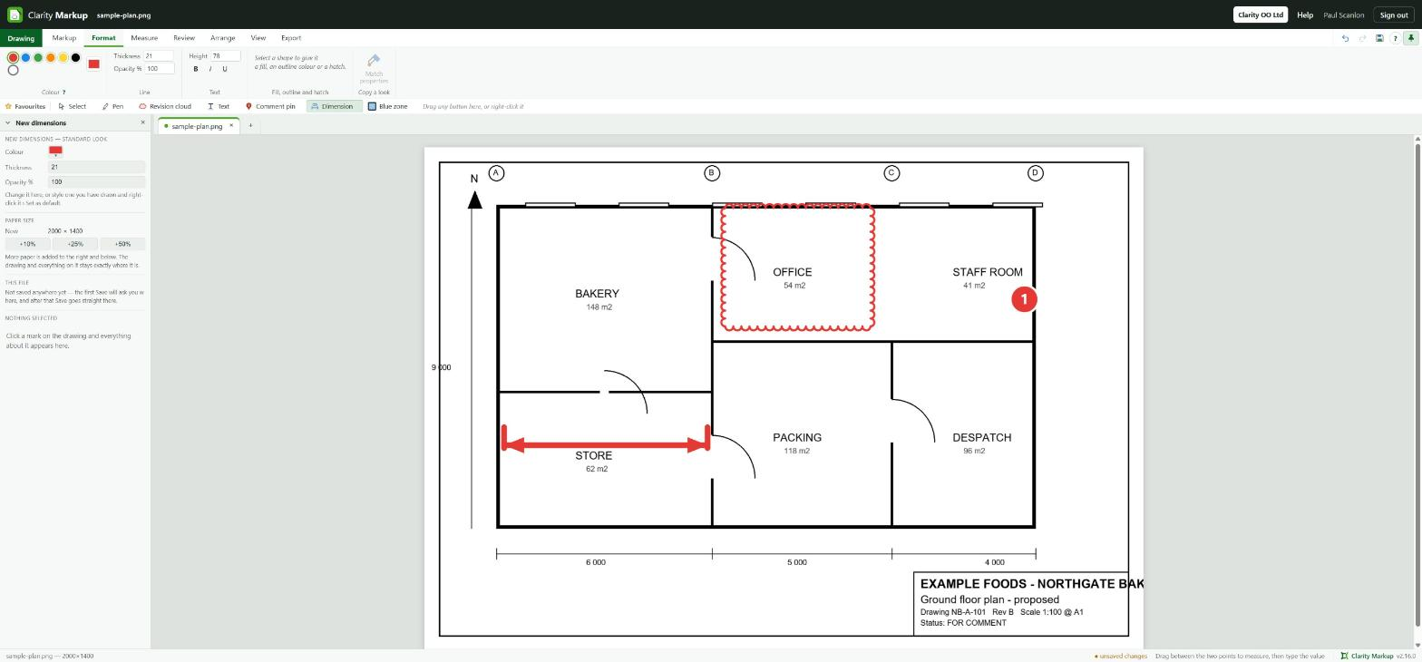 Clarity Markup with a floor plan open: the ribbon and quick bar above, the properties panel on the left, and a revision cloud, a comment pin and a dimension on the drawing