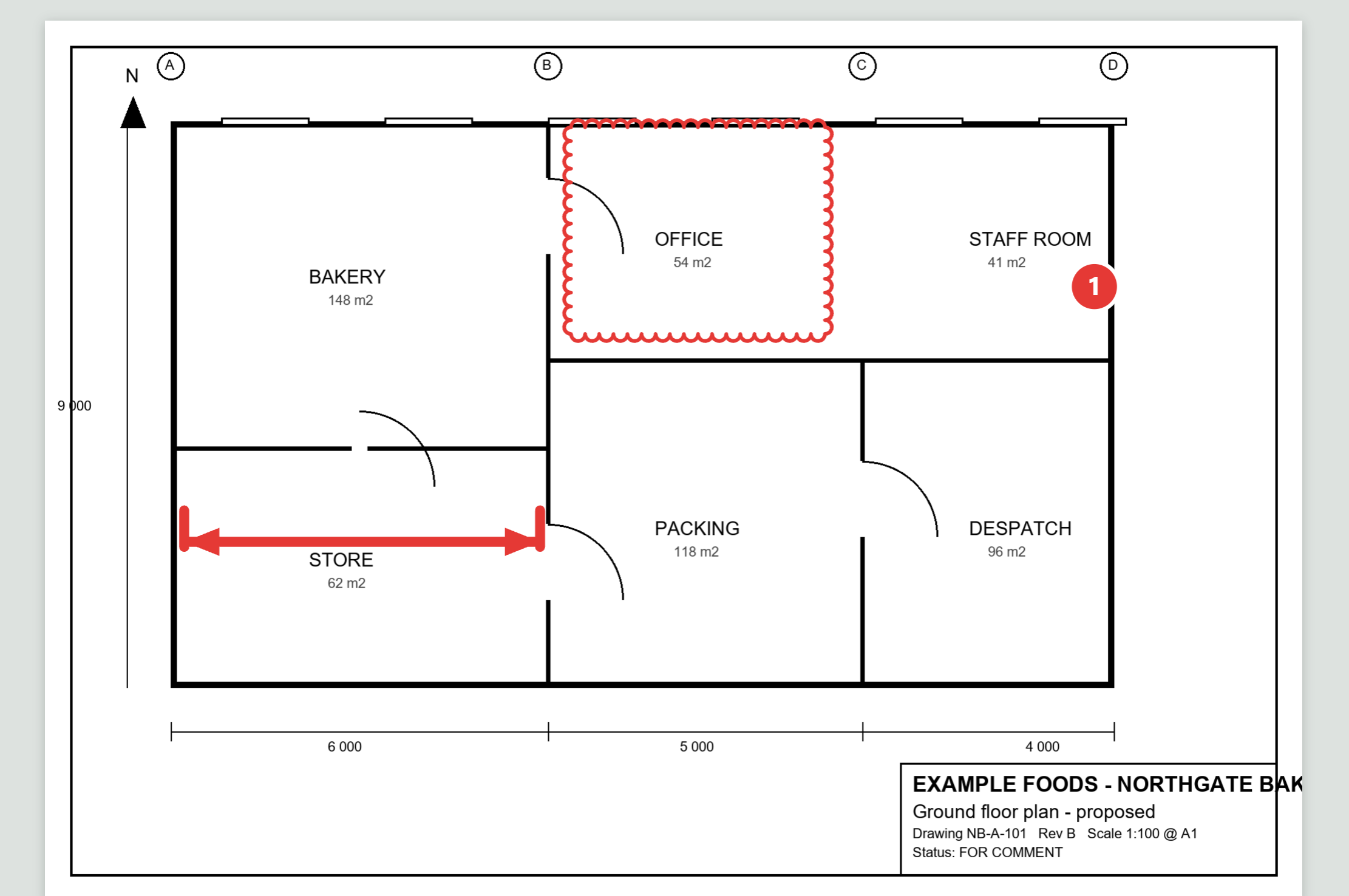 Close-up of the marked-up plan: a revision cloud round the office, comment pin 1 in the staff room, a dimension across the store