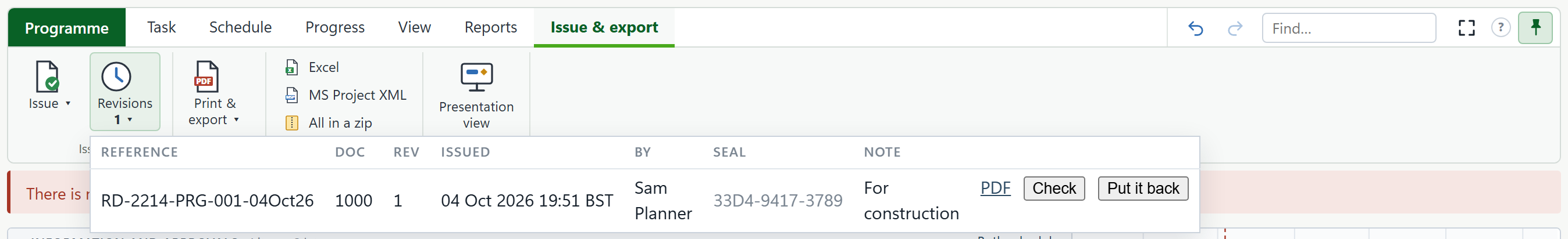 The Issue and export tab with the Revisions list open: reference, document number, date, seal and note
