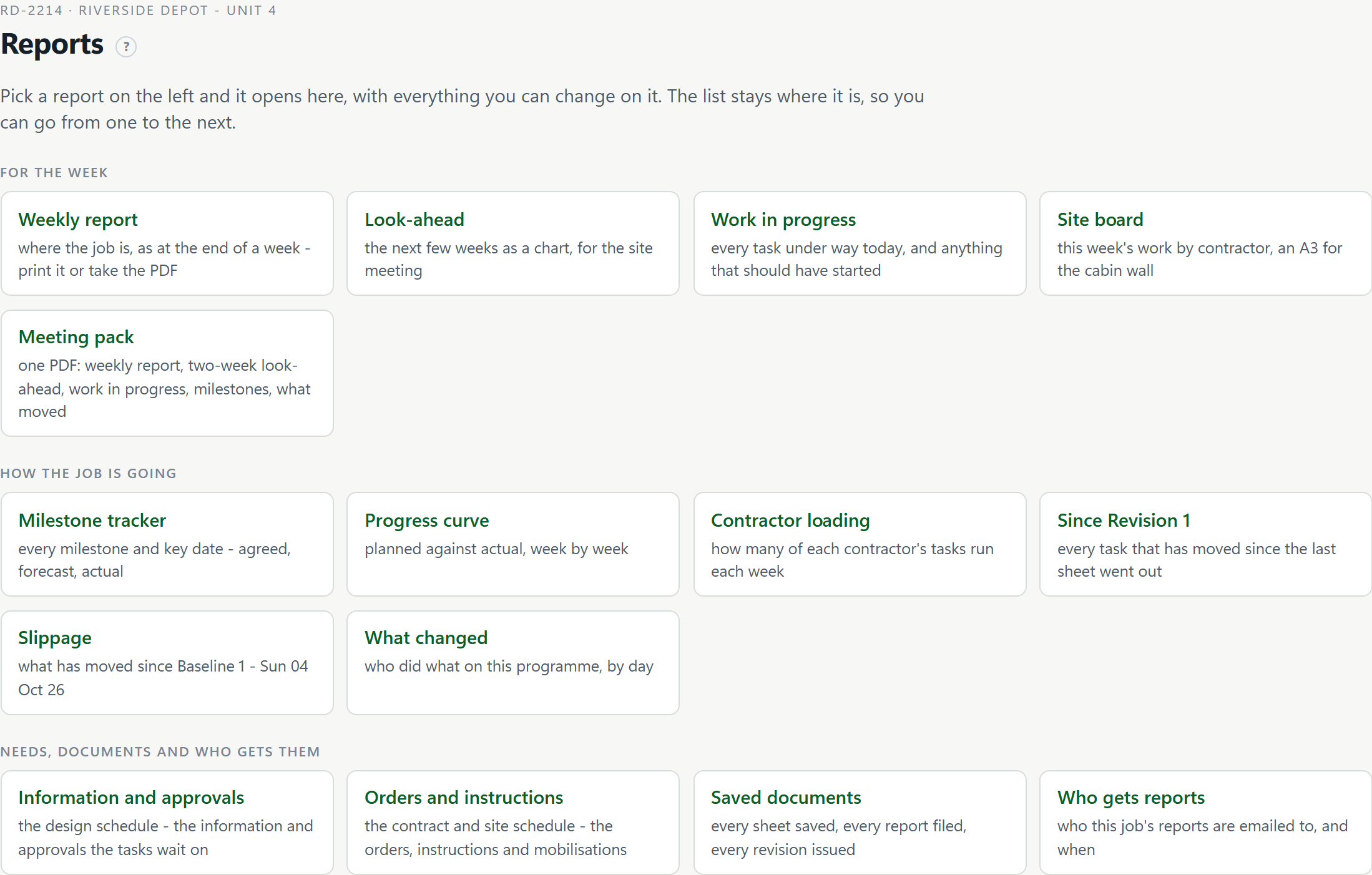 The Reports screen: every report on the programme as a card, grouped