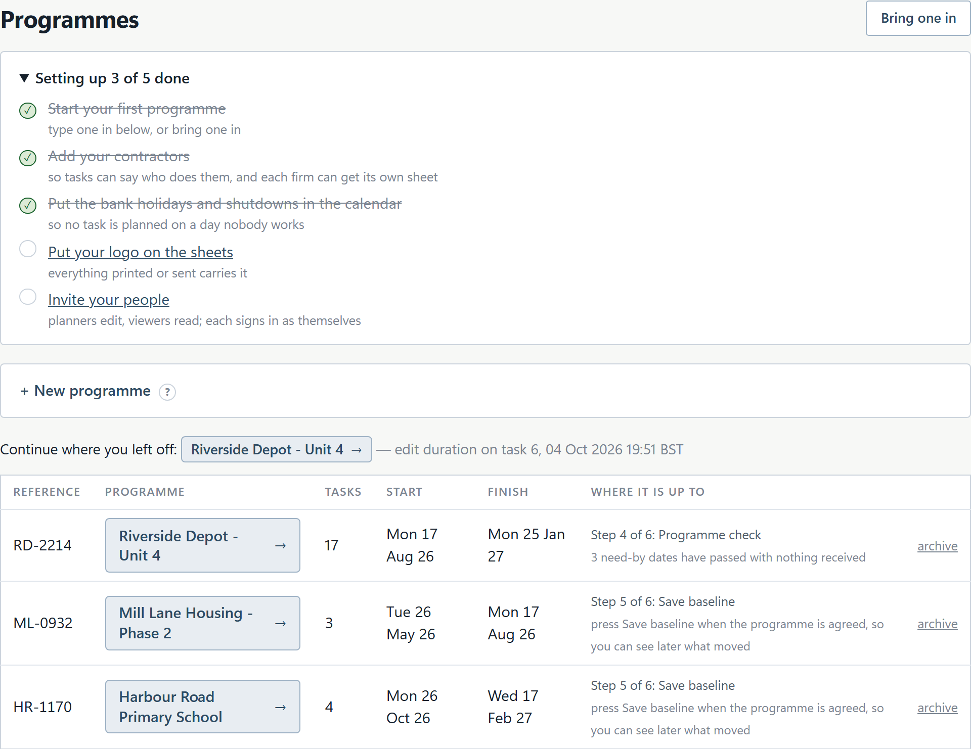 The Programmes page: the setting-up list, New programme, and each programme with the step it is up to