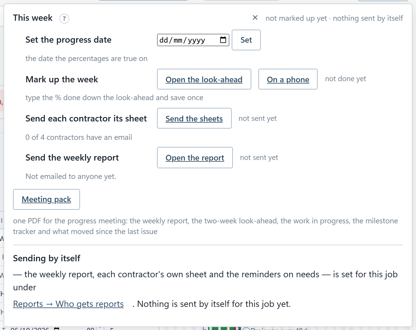 The This week panel: set the progress date, mark up the week, send each contractor its sheet, send the weekly report