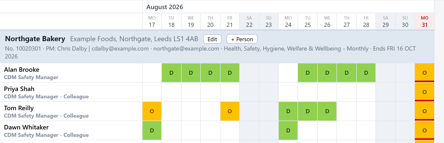 A site's block in the plan: people down the side, days across, coloured letters for each booked day