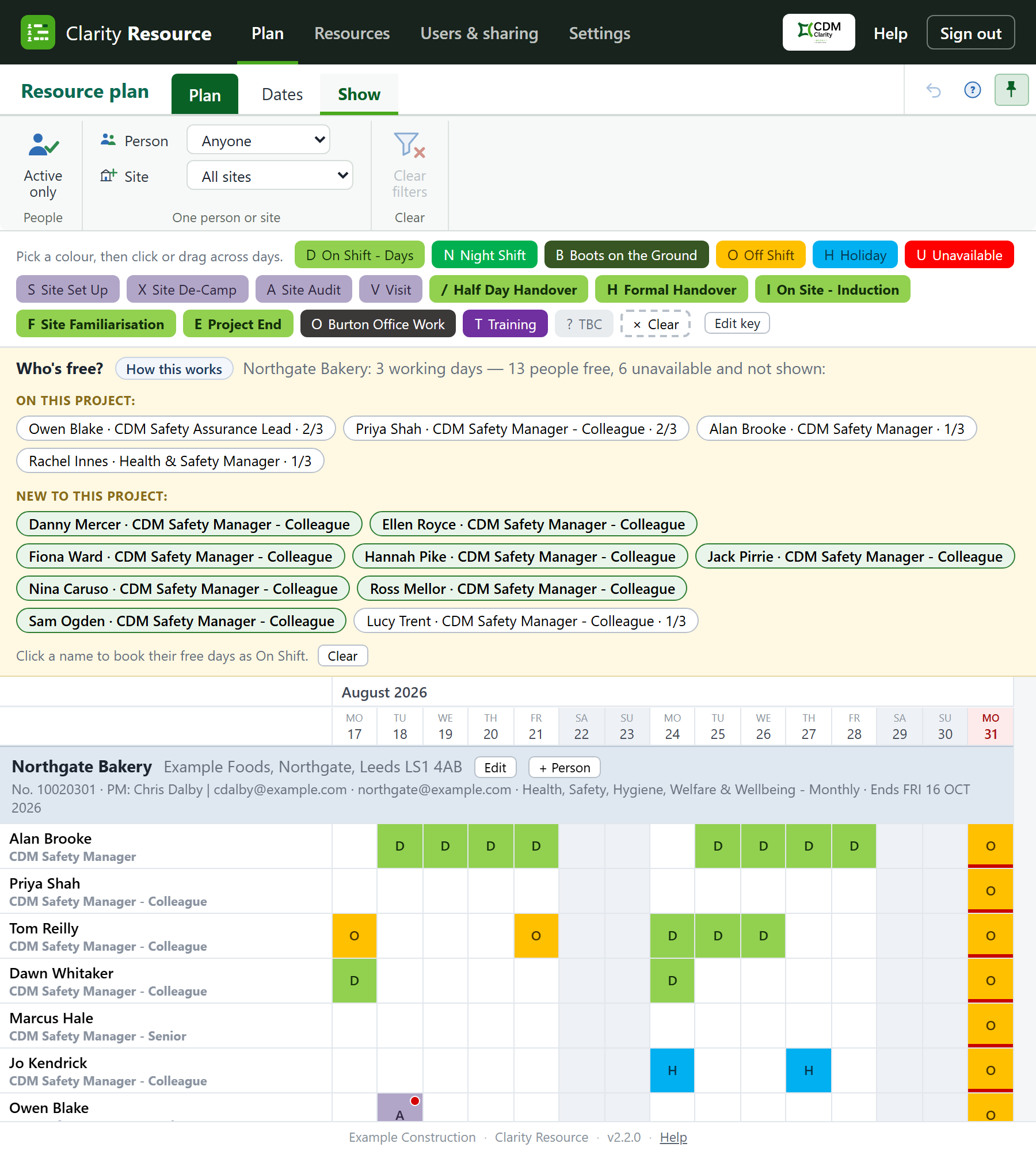The whole Clarity Resource screen: the bar, the ribbon, the colour key, the Who's free strip, then the plan